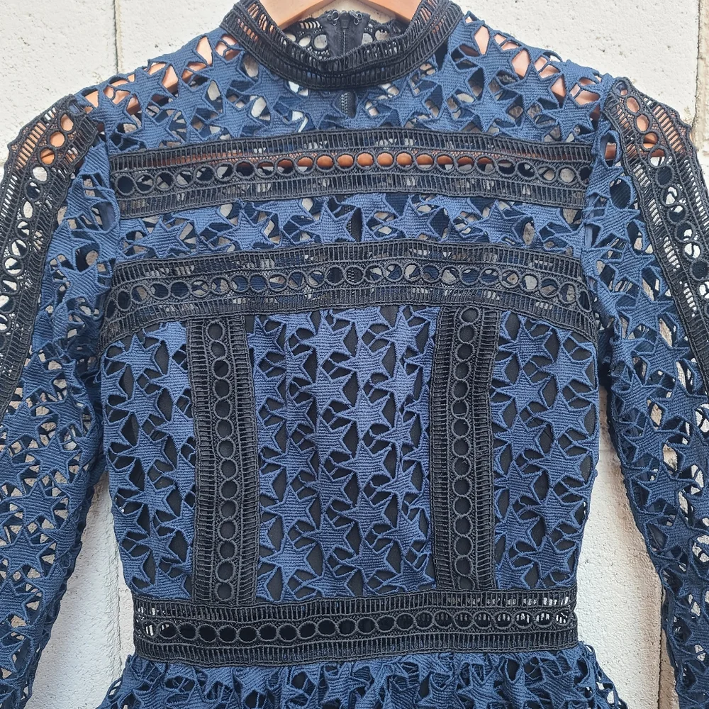 Self Portrait | High Neck Star Lace Panelled Dress in Navy Blue Black Size 0 - Picture 5 of 10